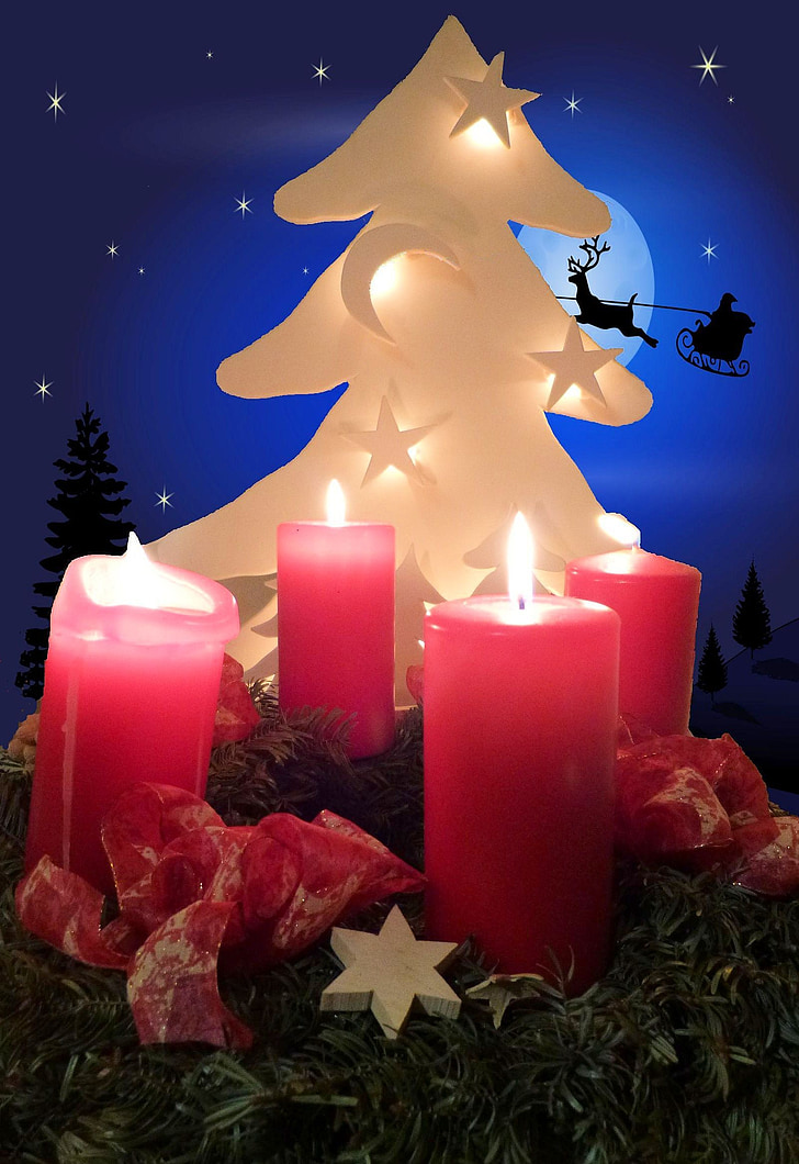 coronita de Advent, pomul de Crăciun, Renii sania trasa de cai, Moş Crăciun, apariţia, lumanari, arde