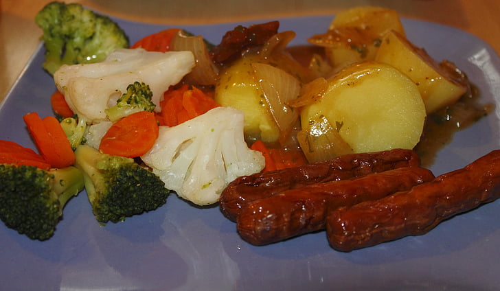 vegetables, sausage, bratwurst, food, delicious, eat, lunch