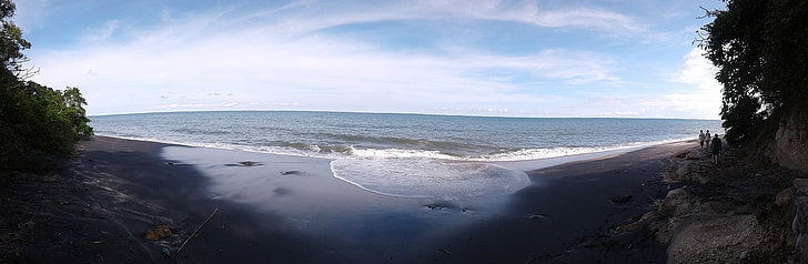 Pantai, hitam, pasir, matahari, laut, gelombang, perdamaian