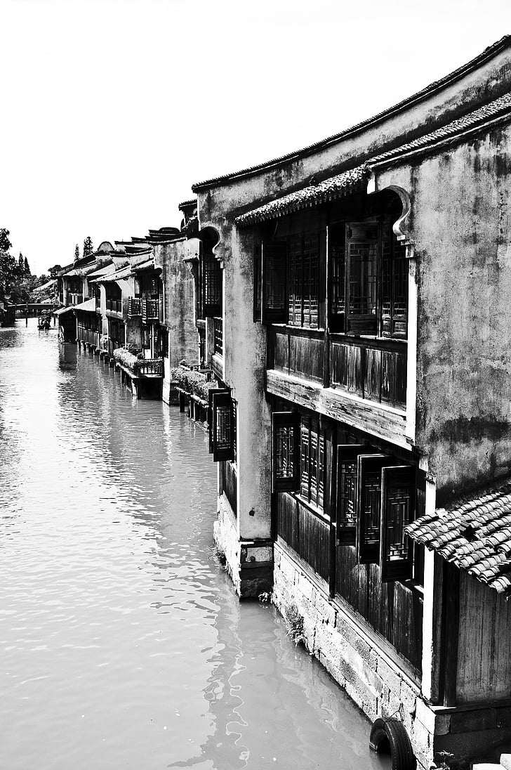 Wuzhen, zwart-wit, gebouw, eeuwenoude architectuur, China wind, oudheid, de ming en Qing-dynastieën