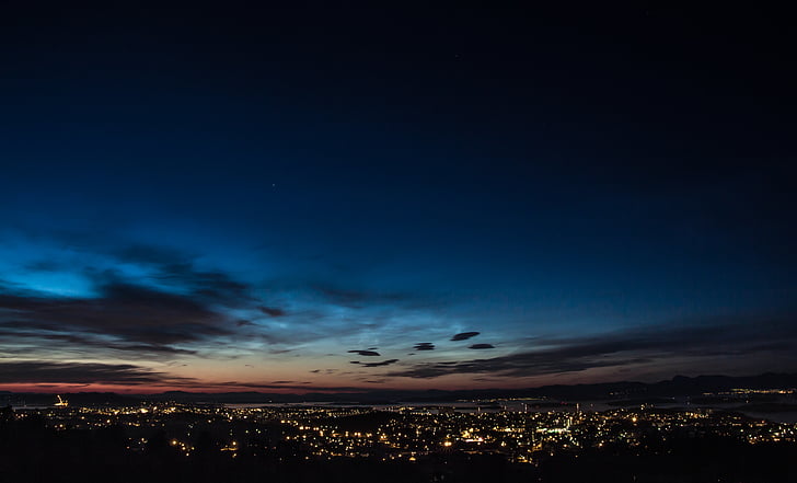 noć, planine, pregleda, Stavanger, nebo, oblaci, plava