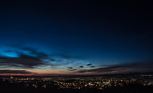 éjszaka, hegyi, megtekintés, Stavanger, Sky, felhők, kék