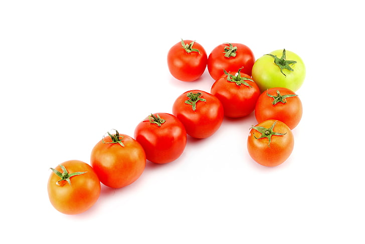 Leader, tomat, toidu, taimne, roheline, punane, valgel taustal
