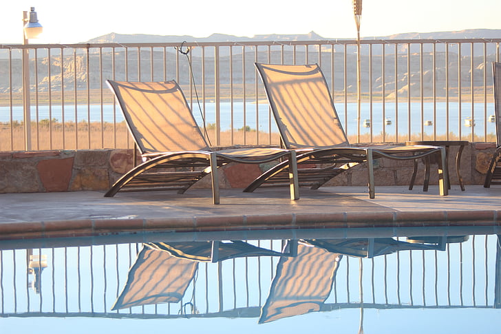deckchairs, mirror image, leisure, reflection, pool