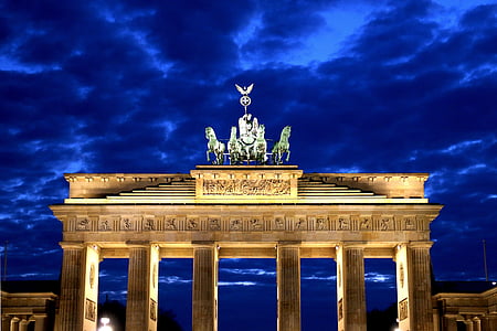 màu xám, bê tông, bức tượng, bầu trời, Cổng Brandenburg, Potsdam, đêm