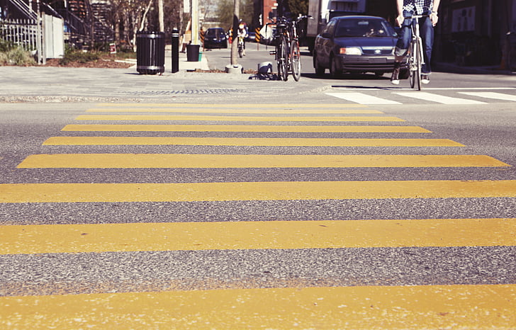 crosswalk, pedestrian crossing, stripes, yellow, street, road, urban