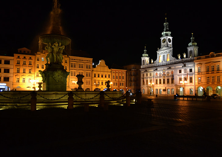 city, square, fountain, city ​​center, architecture, south bohemia, night