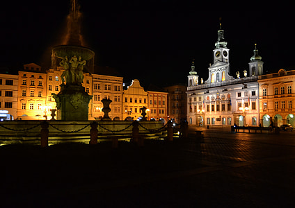 city, square, fountain, city ​​center, architecture, south bohemia, night