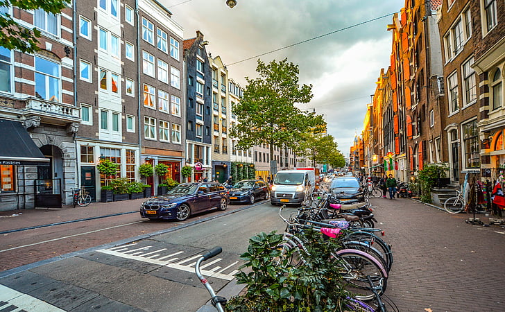 Amsterdam, Nederländerna, cykel, bilar, Street, Sky, solnedgång