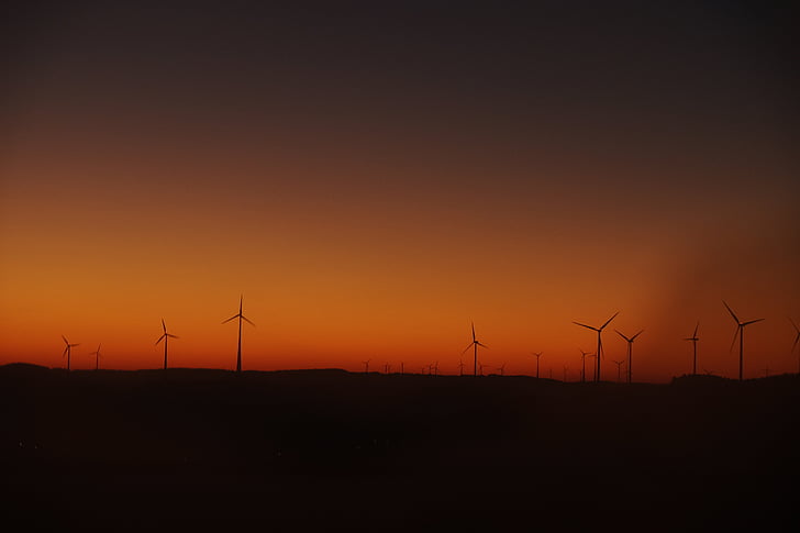 sunset, landscape, dark, night, windmill, energy, wind