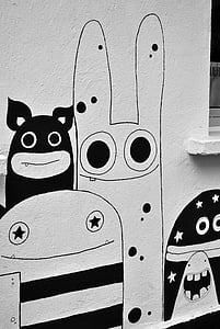 Street-art, Monster, Comic, Graffiti, Spray, Farbe, schwarz / weiß