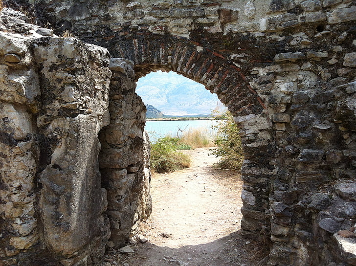 cél, felsentor, kő-kapu, boltív, ROM, antik, Albánia