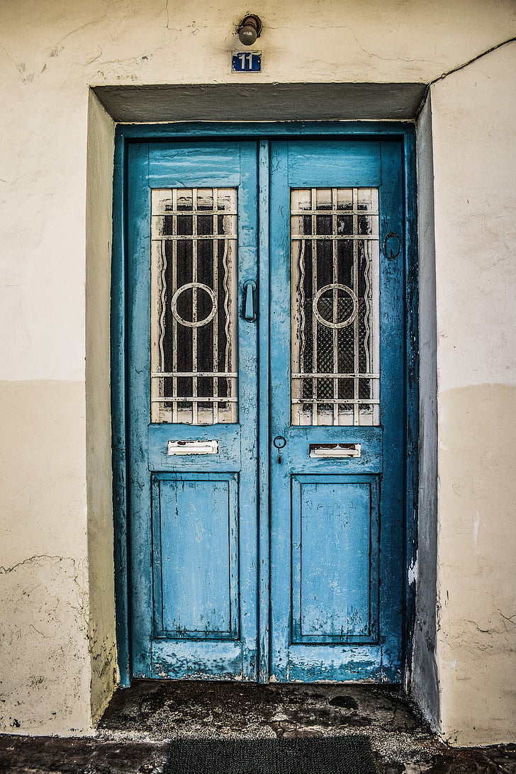 porte, vieux, traditionnel, en bois, bleu, village, Chypre