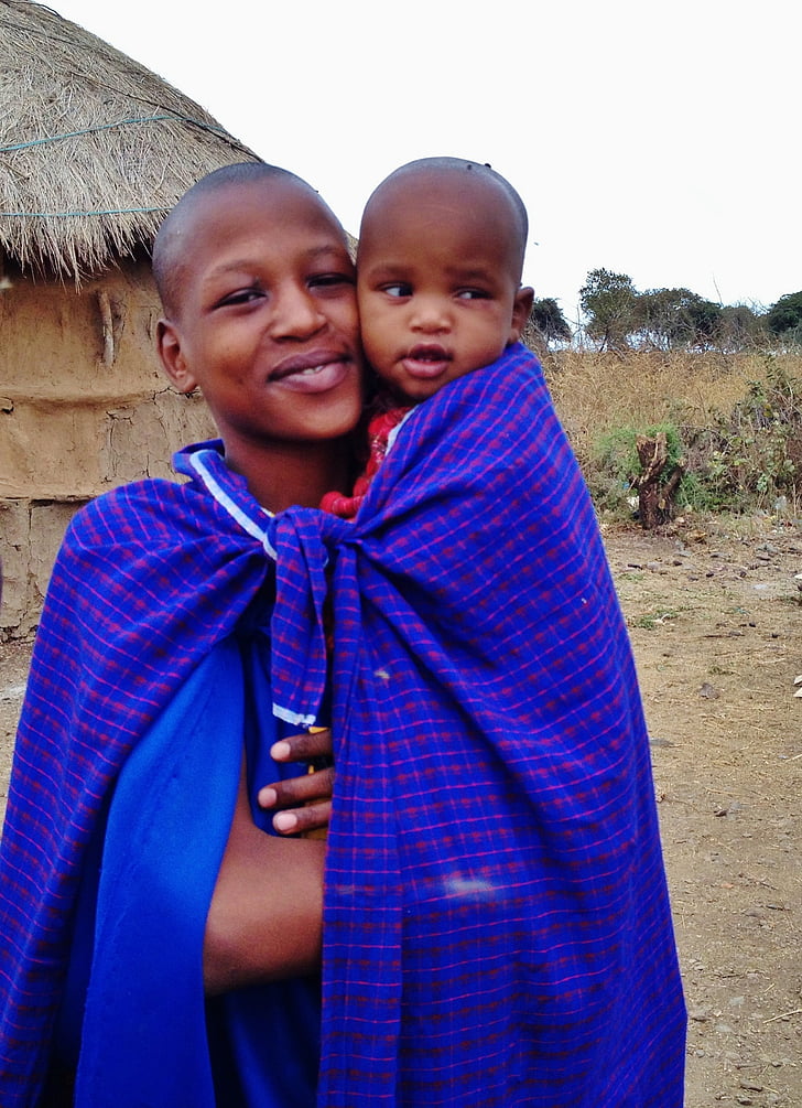 Massai, mor, barn, personer, Tanzania, Boma, Afrika