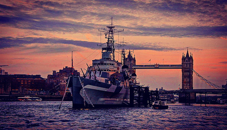 HMS, Belfast, Londen, zonsondergang, skyline, toren, brug