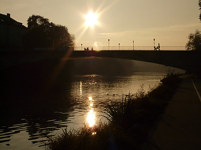 floden, Bridge, webben, vatten, solen, motljus, siluett