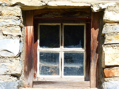 window, old, spider webs