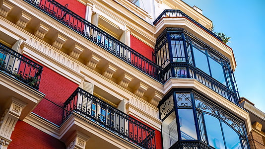 Spanien, Madrid, byggnad, arkitektur, fasad, balkong, byggnaden exteriör