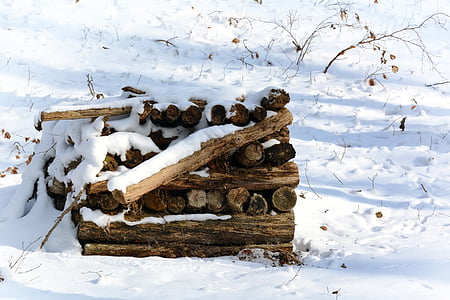 winter, snow, wood, heat, firewood, pile of wood, snowy