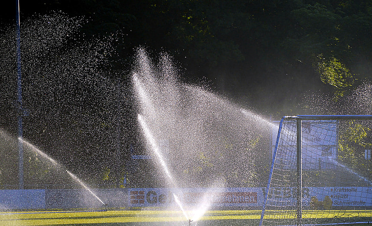 football pitch, sprinkler system, irrigation, rush, water, drausen, hose connection