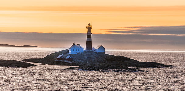 Isola di Norvegia, roccioso, tramonto, Faro, architettura, acqua, paesaggio