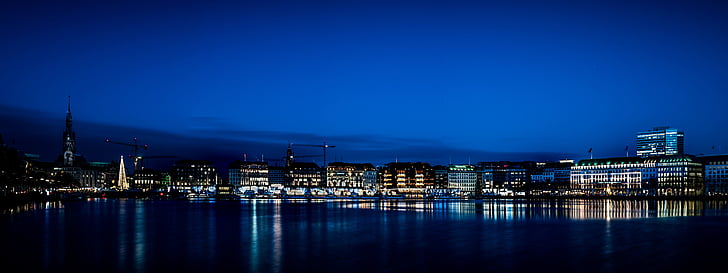 Hamburg, Binnenalster, Jungfernstieg, jam biru, Panorama, lampu, mirroring