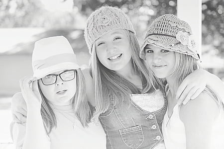 friends, girls, friendship, portrait, smile, hats, black and white