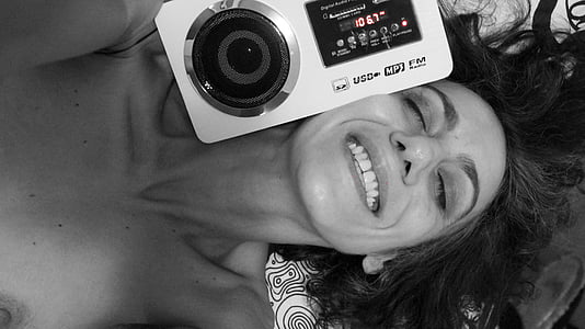 mujer, música, desnudo, alegría, Foto, blanco y negro, de la sonrisa