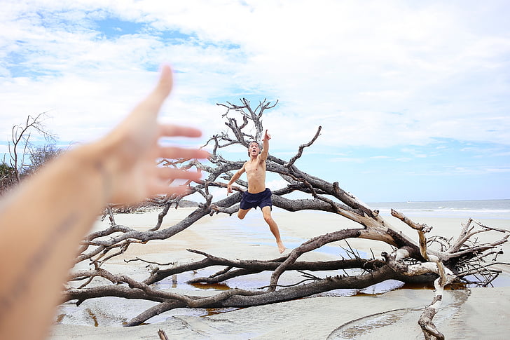 sea, clouds, branches, hands, man, people, beach
