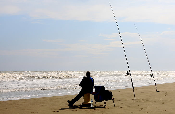 fishing, beach, fisher, fisherman, fishing rods, contemplation, sea