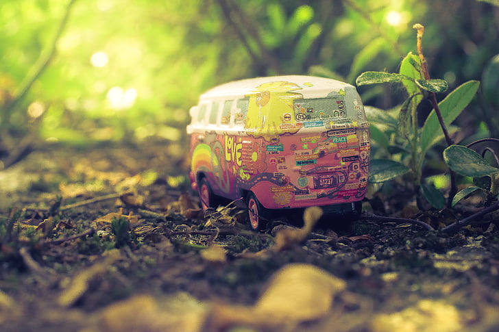 macro, miniature, plants, soil, toy, toy car, volkswagen