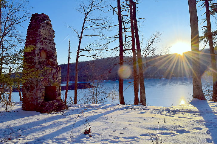 estructura de piedra, nieve, invierno, luz del sol, abandonado, estructura, piedra