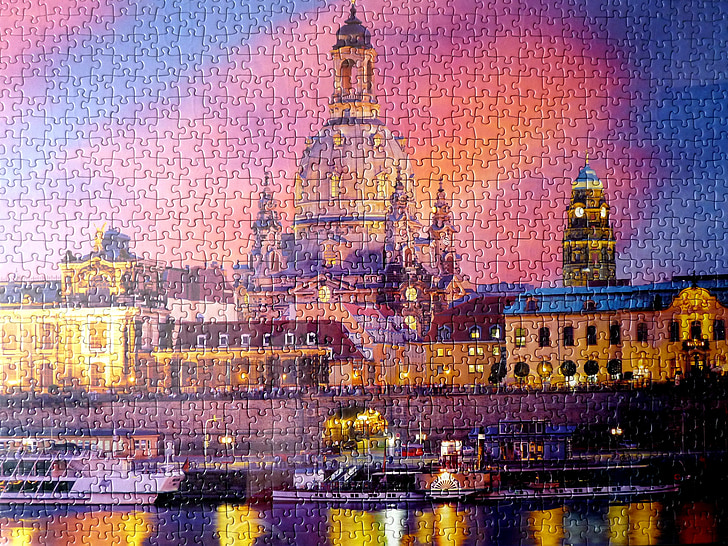 Puzzle, spécial, Dresden, Elbe, Frauenkirche, Allemagne, à roues à aubes