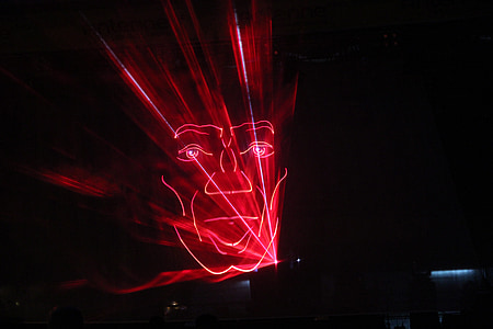 lasershow, seja, sarkana, lāzers, Cottbus, Vācija, naktī