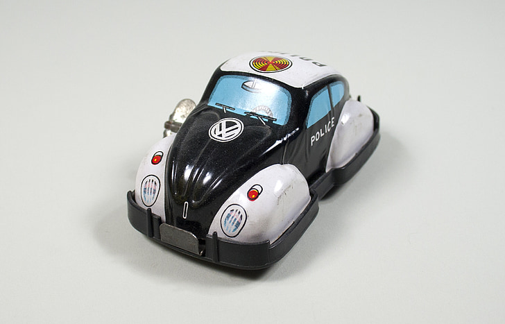 volkswagen, beetle, police, car, wind up, toy, tin