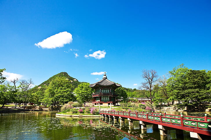 kertre néző, Gyeongbok palace, tetőcserép, kulturális javak, Korea, Sky, koreai