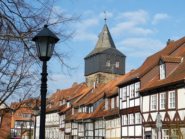 Hildesheim Tyskland, Niedersachsen, historiskt sett, gamla stan, fasad, truss, Fachwerkhaus