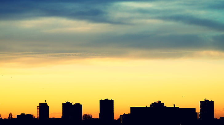 Architektura, podsvícení, budovy, město, Panoráma města, mraky, Dawn