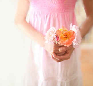 소녀, 여자, 여성, 드레스, 꽃, 핑크, bokeh