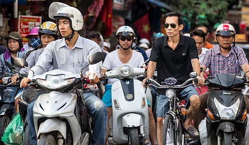 skoter, cykel, trafik, hjälm, män, Vietnam, Hanoi