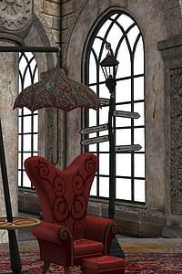 room, window, chair, surreal, umbrella, parasol, fantasy