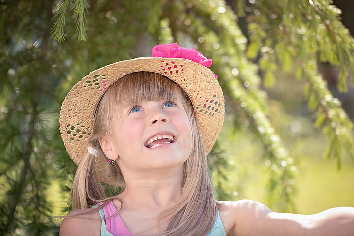 child, girl, out, nature, summer, hat, face