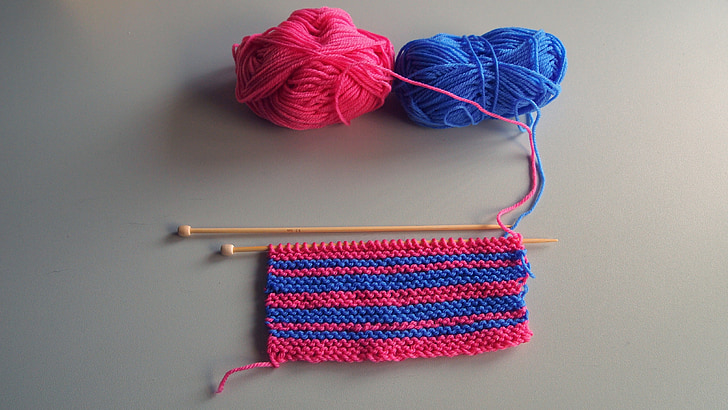 knitting, wood, knitting needles, stripes, purple, pink, hobby