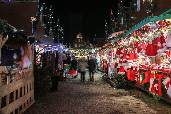 christmas market, shop, decoration, light, mulled wine, hot chocolate, night
