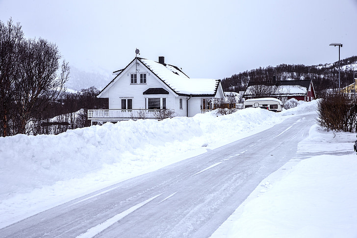 Island, snö, Road, vinter, hus