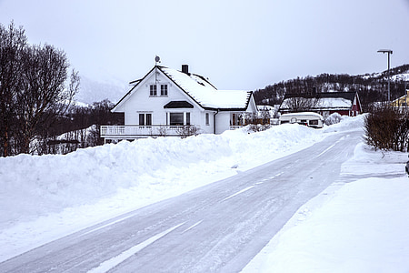 IJsland, sneeuw, weg, winter, huis