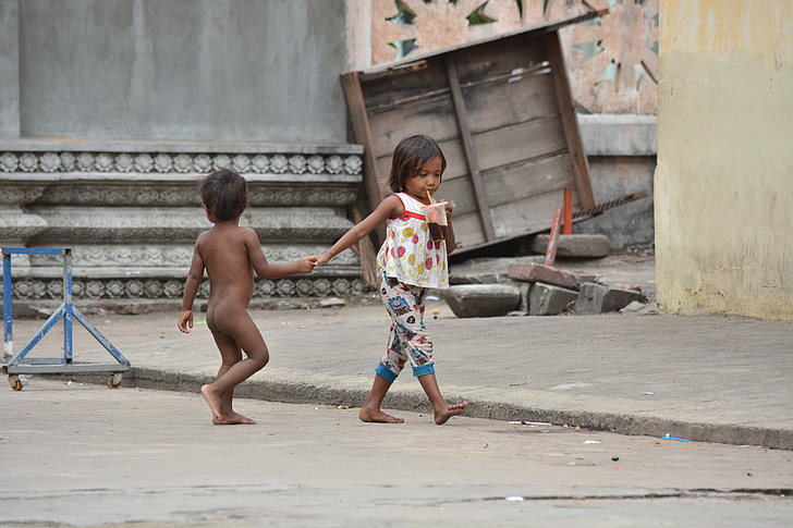děti, Kambodža, cesta, Asie, Děvče, Chlapec