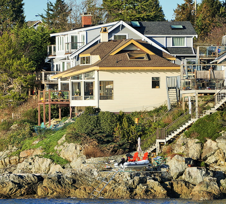 ház, Victoria, BC, Oceanside, sziklák, piros, székek