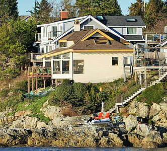 dom, Victoria, BC, Oceanside, skaly, červená, stoličky