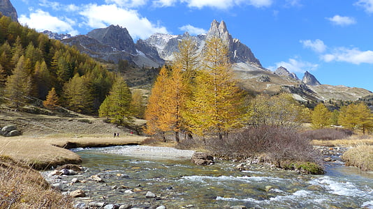 krajolik, Alpe, priroda, planine, jesen, Rijeka, stabla